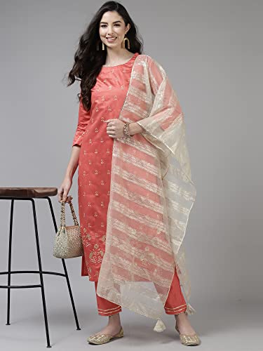 Image of INDO ERA Women's Embroidered Viscose Straight Kurta with Pant & Dupatta Set (Pink KH9PK9216 X-Large)