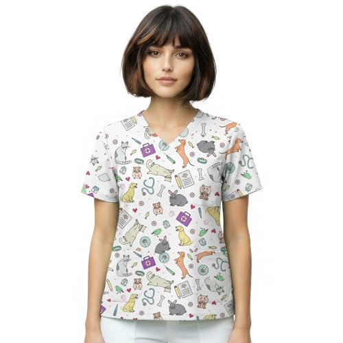 Nurse is Love Casaca Sanitaria Mujer White-Animals - Casaca Mujer para Trabajo | Camiseta - Uniforme | Pijama. Diseños con Bolsillos Ideal para Salvabolsillos | Regalos