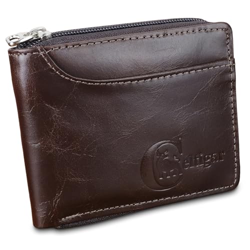 Carteira Com Zíper Masculina De Couro Legítimo RG CNH Cédulas Moedas Cartões Antifurto Proteção RFID (Marrom Café - Couro CBDA)