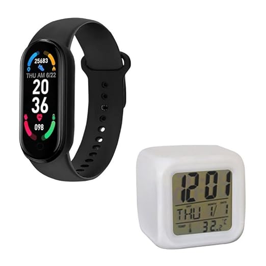 Drumstone Combo C1194 - M6 Smartwatch Band with Heart Rate Monitor and Activity Tracker for Active Lifestyle with LED Digital Alarm Clock with Date, Time, and Temperature Perfect Office Companion