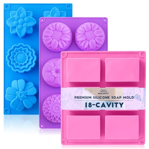 HKNMTT Square Flower Rectangle Bar Molds Silicone 7 Shapes for Chocolate Soap Making Shower Steamer Homemade Bath Bomb Lotion Shampoo Bar Dessert DIY Set Non-stick Craft Food Grade 3 Pack