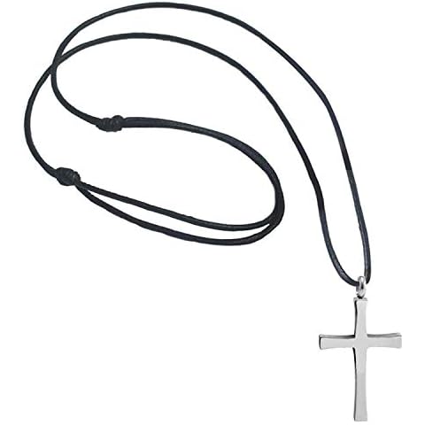 555Jewelry Stainless Steel Metal Cross Adjustable Black Leather Cord Unisex Women Men Religious Christian Vintage Braided Rope Chain Fashion Jewelry Accessory Pendant Necklace, Silver 18 Inch Cover