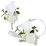 MAFELOE 2 Pieces Artificial Calla Lily Wrist Corsage and Boutonniere Set, Groom Groomsmen Bride Bridesmaids Wedding Flowers Accessories Prom Party Suit Decorations - White