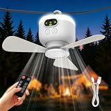 Ventilador de techo con iluminación, 27 cm, ventilador de camping para tienda de campaña, 8000 mAh recargable con luz y mando a distancia USB, temporizador, silencioso, ventilador de techo portátil