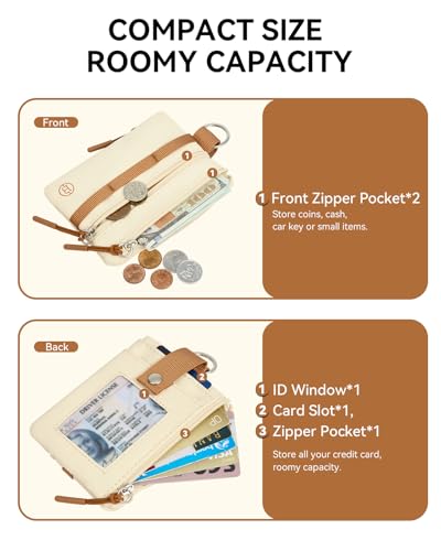 Image of BOSTANTEN Small Wallet RFID, Minimalist Zip ID Case Wallet with Lanyard Keychain, Water Resistant Card Wallets for women & Men, Beige and Brown (Pack of 2)