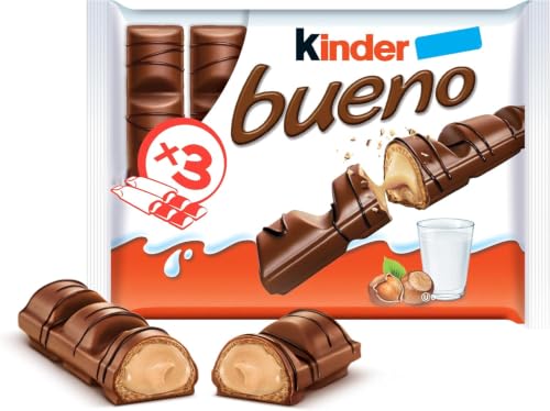 KINDER BUENO - Milk Chocolate Covered Crispy Wafer Bars With Hazelnut Cream (3 Packs) 43g, 2 Individually Wrapped Wafer Bars Per Pack – (Imported-UK)