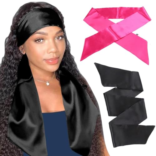 XTREND 2Pcs Satin Edge Scarves for Wig 56 Inch Women's Laying Scarf for Lace Wig Non Slip Hair Wrap Wigs Grip Band for Yoga, Makeup, Facial, Sport (1pc Pink#+1pc Black#)