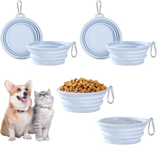 aninako 猫/犬用 給水器 給餌器 【2個】 折りたたみ式 犬猫用ボウル ペット食器 フードボウル 犬 皿 持ち運び 水飲み ペット用品 犬 散歩 水 伸縮 災害 携帯便利 超軽量 登山釦付き(2個ライトブルー)