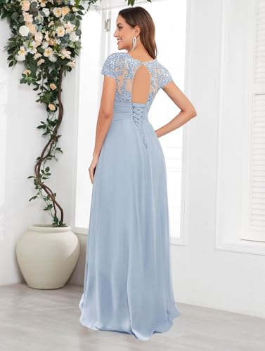 Mother of The Bride Dresses for Wedding Guest Short Sleeves Beaded Chiffon Formal Evening Gown JH0152