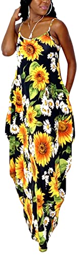 Image of Women's Maxi Sunflower Dresses Sleeveless Long Tie Dye Dress Casual Sundresses with Pockets