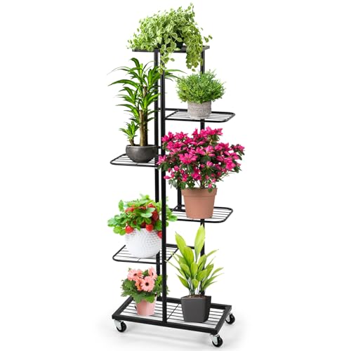 Vyranut Support pour Plantes 6 Étagères, Étagère en Métal avec Roues, 108 cm de Hauteur, pour Intérieur et Extérieur, Noir