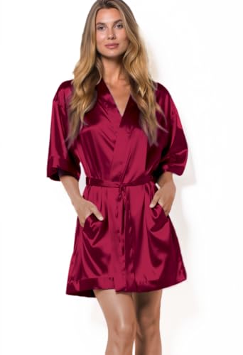 Image of Turquaz Women's Bride Bridesmaids Robe - Satin Kimono Robes for Wedding & Bridal Party Silk Like Lightweight Robes for Women, Wine Red, Medium