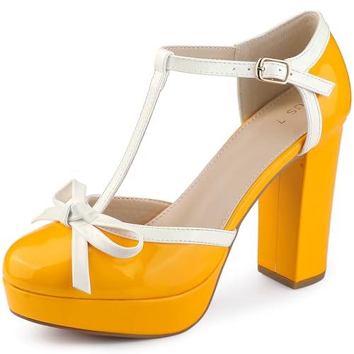 Allegra K Women's Platform Bow T Strap Chunky Heels Pumps Yellow 7 UK/Label Size 9 US
