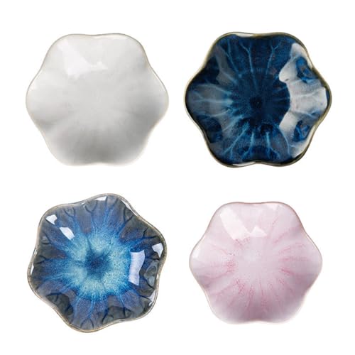 Cabilock Japanese Small Plate Set Ceramic Flower Dinner Plate Appetizer Dessert Sushi Sauce Dishes, 4.3 Inches, Microwave, Oven & Dishwasher Safe Porcelain Small Plates, Set of 4