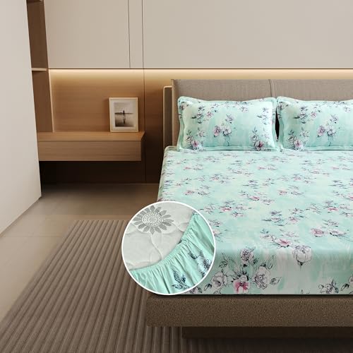 Image of Divine Casa Fitted Sheet for Double Bed (200 x 150 CM) with 2 Pillow Covers | 100% Cotton Double Fitted Bedsheet | Elastic Mattress Sheet 200x150 | Non Slip All Around Elastic