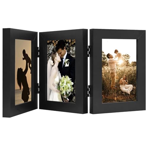 Golden State Art, 4x6 Three Picture Frame Trifold Hinged Photo Frame with 3 Openings, Desk Top Family Picture Collage, with Real Glass (4x6 Triple, Black, 1-Pack)