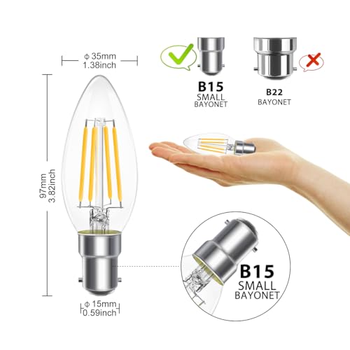 LVWIT 4W C35 Small Bayonet Bulb 40W Incandescent Bulbs Equivalent, B15 LED Filament Candle Bulb,470Lm, 2700K Warm White Candle B15 Bulbs Small Bayonet,220-240V,NO-Dimmable,(35MM*97MM/ 6 PCS)