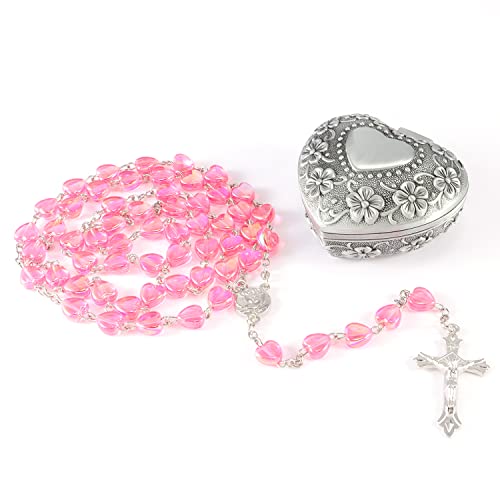 WHLHMK Rosary Beads Catholic for Girls With Rosary Box Pink Crystal Heart Shaped Beads Rosary Necklace with Heart Shaped Vintage Jewelry Box Anglican Prayer Beads Christian Gifts for Women