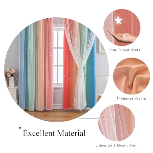 Image of indistar Dreamy Star Cutout Blackout Curtains with White Sheer,Double Layer Curtains for Girls Bedroom, Hollow Out Drapes for Nursery (2 Panel,52Wx63L,Rainbow)