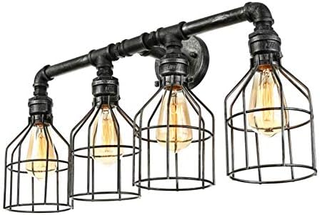 KWOKING Lighting Vintage 4 Lights Water Pipe Wall Lamp with Metal cage Shade Industrial Wall Light Fixture Hanging Lamp for Kitchen Restaurant Cafe Bar Living Room Warehouse
