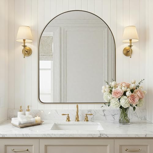 Image of ANDY STAR Arched Mirror, 28 x 36 Inch Brushed Gold Wall Mirror in Stainless Steel Metal Frame, Arch Top Rounded Corner 1 Inch Deep Set Design Wall Mount Hangs Vertical