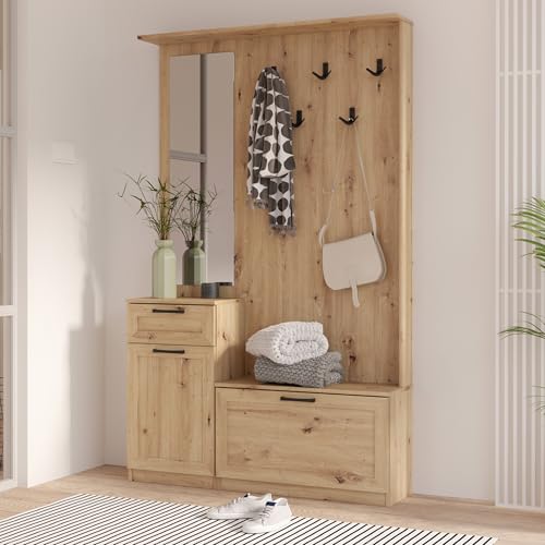 Forte NIKO Garderobe 110, Skandi-Garderobenpaneel, 1-türig, 2 Schubladen, Spiegel, Haken, Flur, Artisan Eiche Holzdekor, 110,9 cm breit x 181,5 cm hoch x 29,6 cm tief