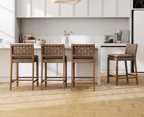 EALSON Mid Century Rattan Bar Stools Set of 4 Modern Farmhouse Barstools with Leather Woven Backs 26 Inch Wooden Counter Stool Breakfast Upholstered Bar Chairs for Kitchen Island Brown