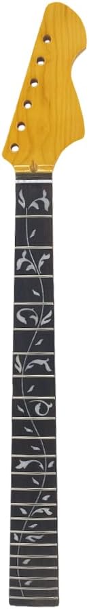 Maple Guitar Neck 22 Fret 25.5 Inch - Yellow Finish with White Leaf Vine Inlay & Black Back Line, Rosewood Fretboard Bolt-On for DIY Builds