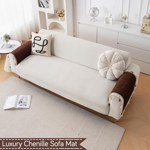 Image of HOKIPO 'Serenity Tassel' Chenille Sofa Arm Cover with Tassels - 1 Pair | Chestnut Luke (IN-893-BR*2)