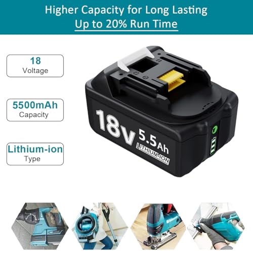 Ersatzakku für Makit Akku 18V 2X 5500mAh Ersatzakku Kompatibel mit 18V Akku mit DC18RC Ladegerät Kompatibel mit BL1860 BL1860B BL1850 BL1850B BL1840 BL1830 BL1820 LXT400