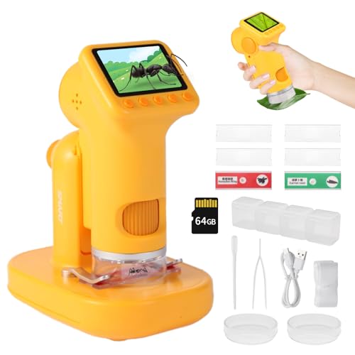 LENGTOUQ 1600X Microscope for Kids, Detachable Handheld Mini Digital Microscope with Photo Video Function, Rechargeable Educational Toys with 64GB, 6 Slides and Valentines Day Gift for Kids
