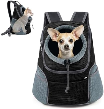 WOYYHO Dog Backpack Carrier Breathable Pet Puppy Front Pack with Bottom Back Support Plate for Small Medium Dogs Reflective Head Out Cat Bag for Travel Hiking Camping (Black, M)