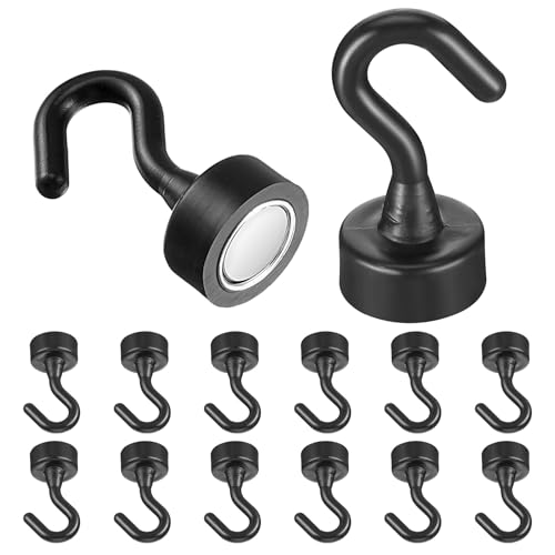 Wanmu 12 Stück Magnethaken Magnet Haken Extra Starke Magnetische Haken Hakenmagnete Stanzfrei Magnethacken für Camping Schließfächer Werkstatteinrichtung Kleiderhaken (Schwarz)