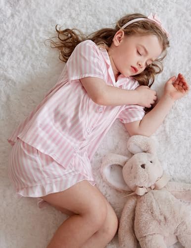 Arshiner Girls Pajamas Silk Satin Pajama Set 2 Piece Button Down Pjs Ruffle Sleepwear2