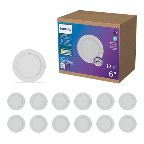 PHILIPS LED 60W Slim 6-inch Canless Downlight 12-Pack Selectable White Multi-CCT 1000 Lumen (12.5W =...