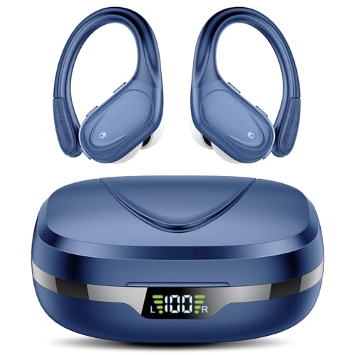 Auriculares Inalambricos, Auriculares Bluetooth 5.3 Deportivos con Gancho de la Oreja, 60H de Reproducción, Pantalla LED, Llamada ENC HD, Profundamente Bajo, Ajuste Cómodo, IP7 Impermeable Azul Claro