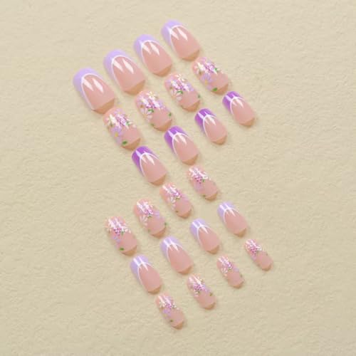 Image of Purple French Tip Press on Nails Medium Square Fake Nails White Flower False Nails with Grape Designs Artificial Acrylic Glossy Glue on Nails Nude Stick on Nails for Women Manicure 24pcs
