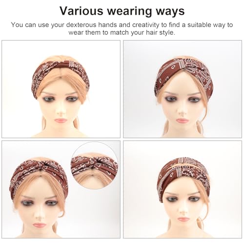 Image of DRESHOW 4 Pack Boho Cotton Non-Slip Headbands for Women Girls Yoga Workout Running Knotted Turban Floral Elastic Head Wrap