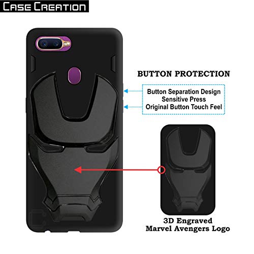 Image of COVERLY Official 3D Touch Feel Trending Marvel Avengers Logo Mask Soft Rugged Grip Silicone Iron Man Super Power Cartoon Movie Engraved Silicone Matte Back Cover for Oppo F9 (6.3 inch) - Black