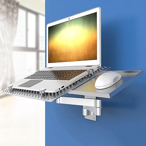 Soporte de pared para portátil con brazo ajustable y bandeja para mouse, plataforma de refrigeración ventilada, bandeja de movimiento completo, capacidad de peso de 8 kg para estaciones de trabajo de