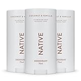 Native Desodorante Mujeres & Hombres - Sin Alcohol & Aluminio - Aroma Coco & Vainilla - Con Manteca de Karité, Aceite de Coco & Bicarbonato de Sodio - Control Olor 72h (3 unidades, 75 ml cada una)