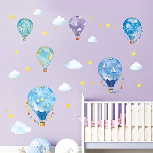 Decalmile 6 Nautical Hot Air Balloons Wall Decals Stars Cloud Star Wall Stickers Baby Nursery Kids Bedroom Wall Decor(Size: 10"/6" H) #TOP1