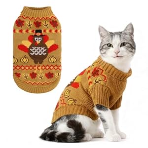 KOOLTAIL Thanksgiving Cat Sweater Turtleneck – Soft Knit Cat Sweaters for Cats Only, Turkey Pattern Thick Warm Winter Cold Weather Pet Clothes for Small Medium Large Kitten Puppy Boys Girls, Brown S