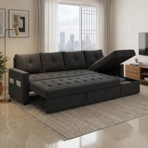 Image of FURNY Virsa 6 Person Seating RHS L Shape Sofawith Pull Out Bed & Storage Lounger | Premium Soft Velvet Suede Fabric | Comfort Cushions | Ideal for Living Room, Hotel & Office (Dark Grey)