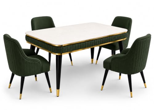 Image of WOODEN SPACE 4 Seater Wooden Dining Table Set | Urban Marble Top Dining Table with Chairs for Dining Room & Kitchen (Modern Zyro Dark Green) (54 x 36 x 30 inch)