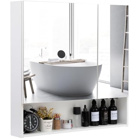 ALIMORDEN Medicine Cabinet with Mirror and Shelves, Bathroom Wall Cabinet with Jewelry Organizer, Vanity, Recessed or Surface Mount, 30.4" L x 29.5" H, White Cover
