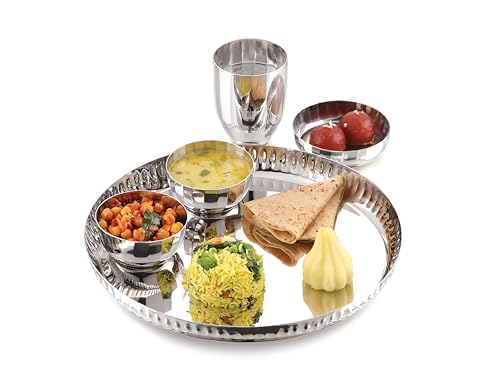 Image of TOSAA Stainless Steel Dinner Set Deluxe Classic Shape- 5 PCS Set Stainless Steel Dinner Set |Includes Plate, Curry Bowls, Side Plate, Glass & Spoon | Silver