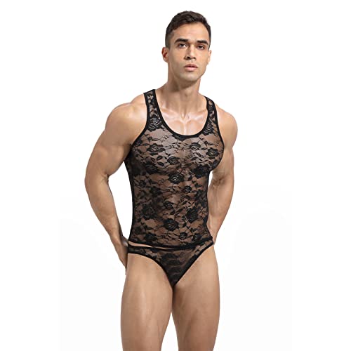 YJZQ Herren Mesh Transparent Bodysuit Spitzen Tops Sissy Dessous Männer sexy Unterwäsche Erotik Weste ärmellose Einteiler Singlets Jumpsuit Nachtwäsche M-XL