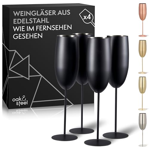 Oak & Steel - 4 Edelstahl Sektgl&auml;ser Geschenkset (285ml), Champagner & Prosecco Gl&auml;ser - Matte Schwarz - Unzerbrechlich - Halloween Tischdeko, Geschenkset f&uuml;r Weihnachten