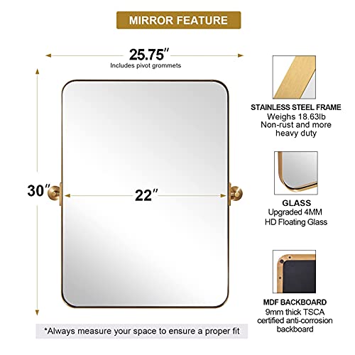 Moon Mirror 22" X 30" Brushed Gold Metal Framed Pivot Rectangle Bathroom Mirror For Wall Mounted, Tilting Rounded Corner Rectangular Vanity Mirror Hangs Vertical Only #TOP5